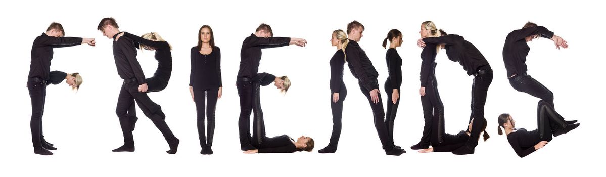 Group of people forming the word 'FRIENDS', isolated on white background.