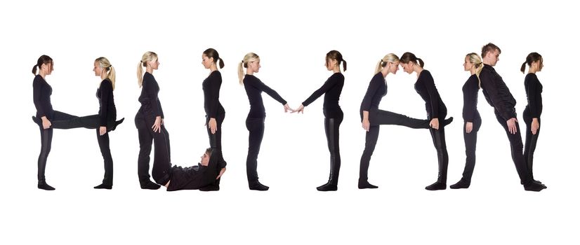 Group of people forming the word 'HUMAN', isolated on white background.