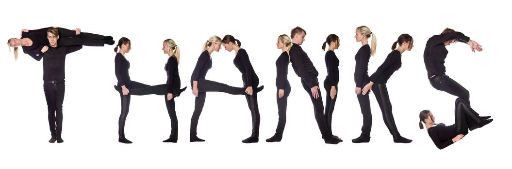 Group of people forming the word 'THANKS', isolated on white background.