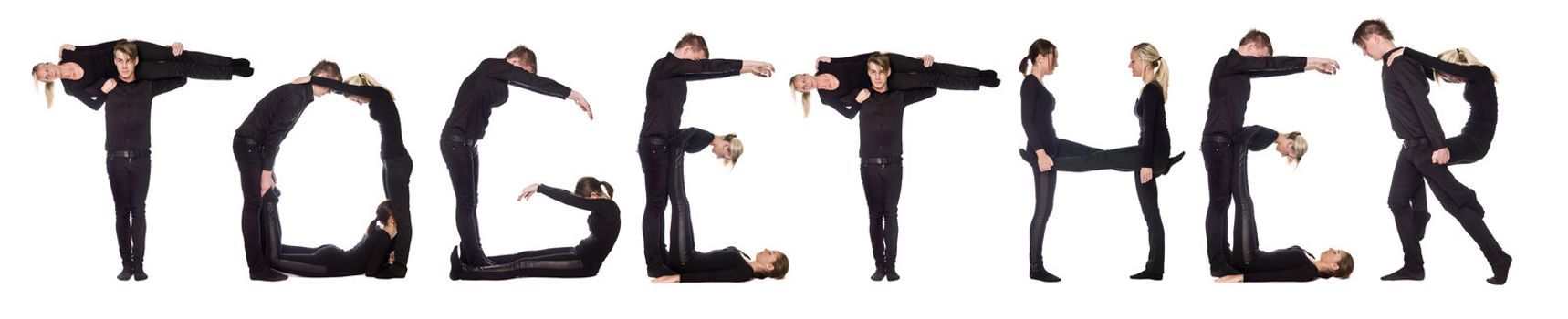 Group of people forming the word 'TOGETHER', isolated on white background.