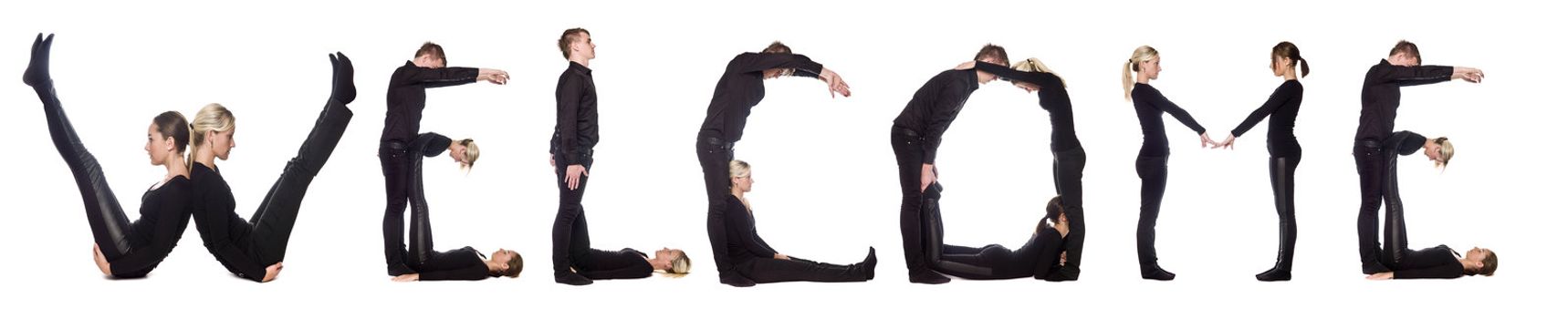 Group of people forming the word 'WELCOME', isolated on white background.