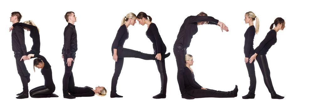 Group of people forming the word 'BLACK', isolated on white background.