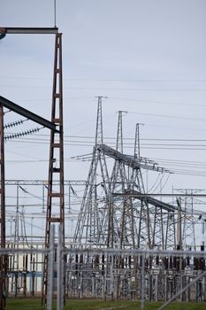 Power station with pylons and power lines.