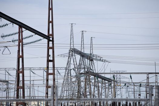 Power station with pylons and power lines.