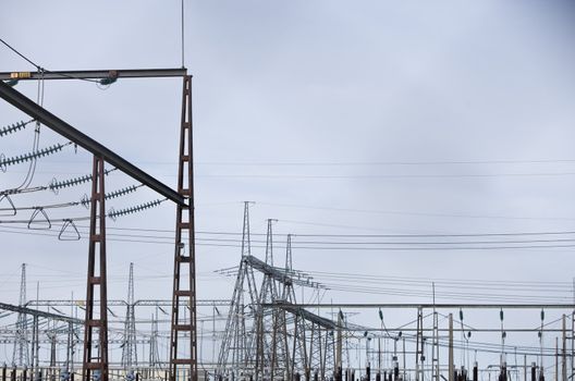 Power station with pylons and power lines.