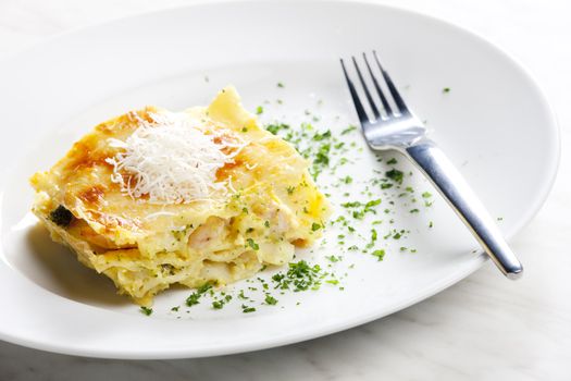 lasagne with broccoli and chicken meat