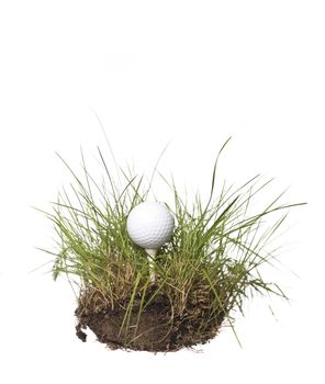 Golf ball on green grass isolated on a white background