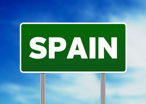 Green Spain highway sign on Cloud Background. 