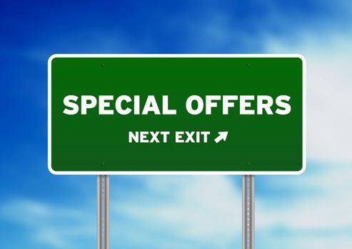High resolution graphic of a special offers highway sign on Cloud Background. 
