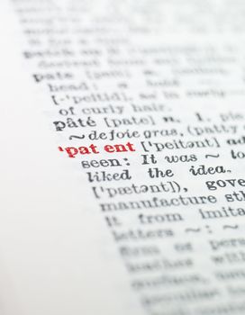 The word 'patent' highlighted in a dictionary