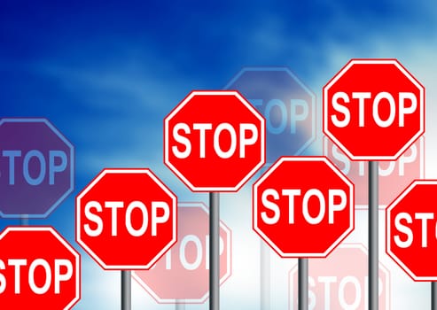 Multiple stop road sign on cloud Background. 