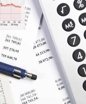 Office Supplys, including calculator, pen and papers.
