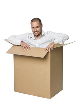 Man in a cardboard box.