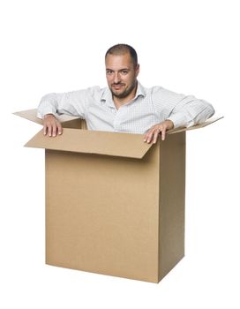 Man in a cardboard box.