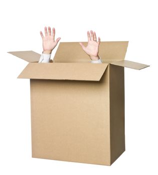 Man in a cardboard box.