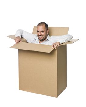 Man in a cardboard box.