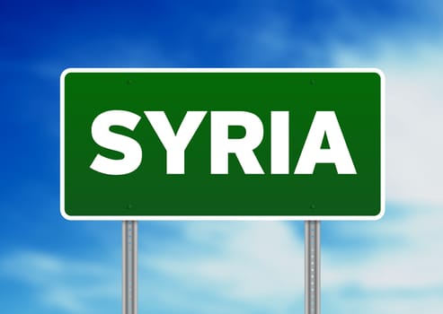 Green Syria highway sign on Cloud Background. 