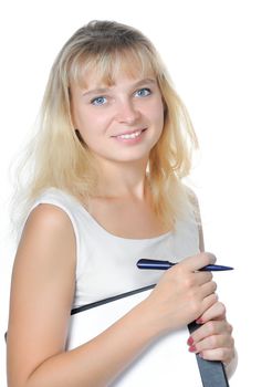 Caucasian blonde mature looking business woman on white 