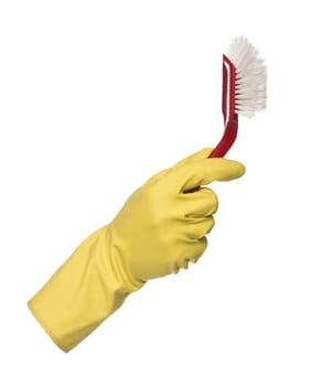 Yellow protection glove holding a dishbrush