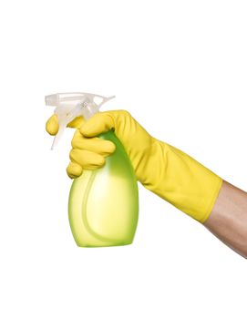 Hand with Protection glove holding a Spray-bottle