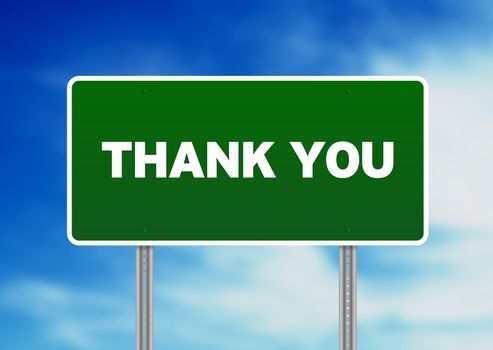 High resolution graphic of a green thank you highway sign on Cloud Background. 