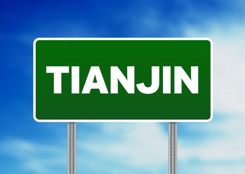 Green Tianjin, China highway sign on Cloud Background.
