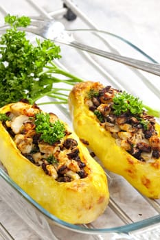 chicken meat with black beans baked in potatoes