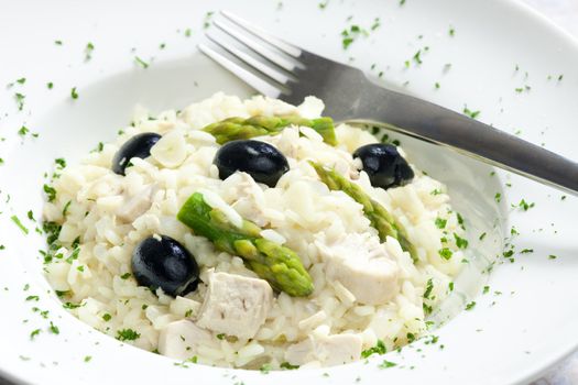 chicken rissoto with asparagus and olives