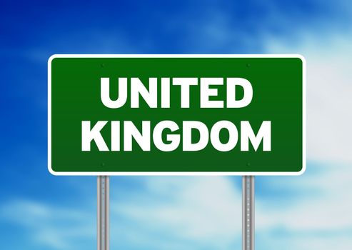 Green United Kingdom highway sign on Cloud Background. 