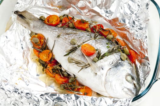 bream baked with herbs and cherry tomatoes