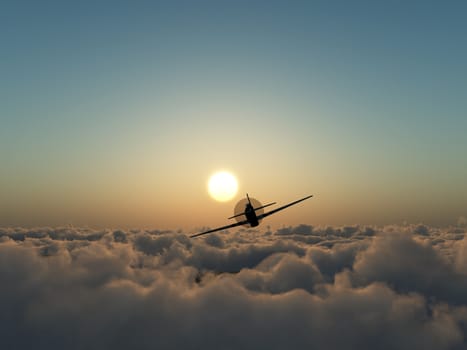 A propeller plane that is flying high over clouds.