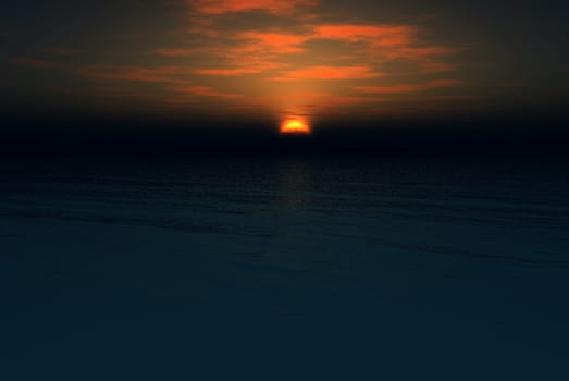 The sun setting in an ocean landscape.  