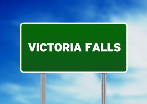 Green Victoria Falls highway sign on Cloud Background. 
