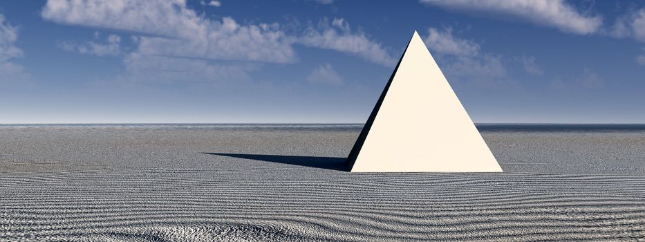 An ancient pyramid in a desert landscape.  