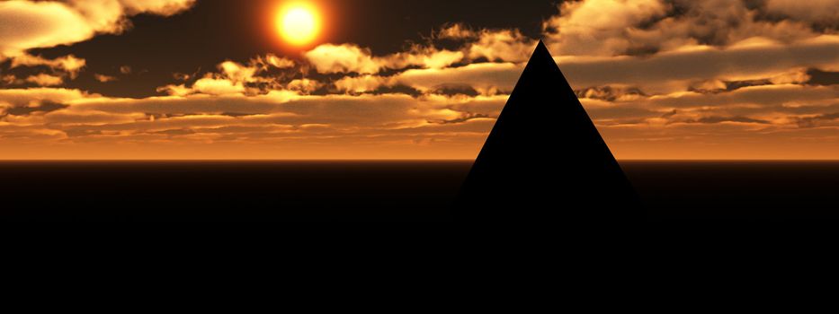 An ancient pyramid in a desert landscape.  