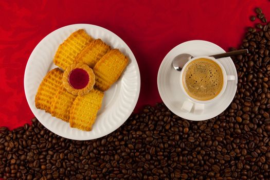 coffee cup from above with coffee beans