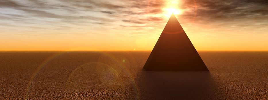 An ancient pyramid in a desert landscape.  