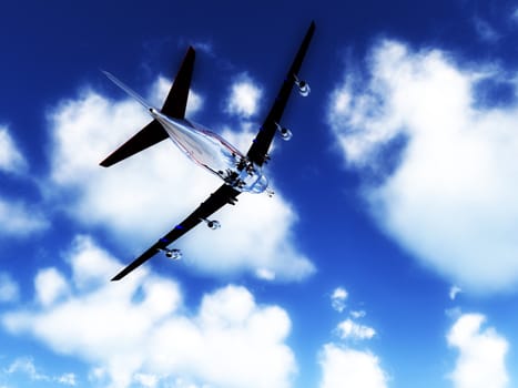 A passenger plane flying high in the sky.