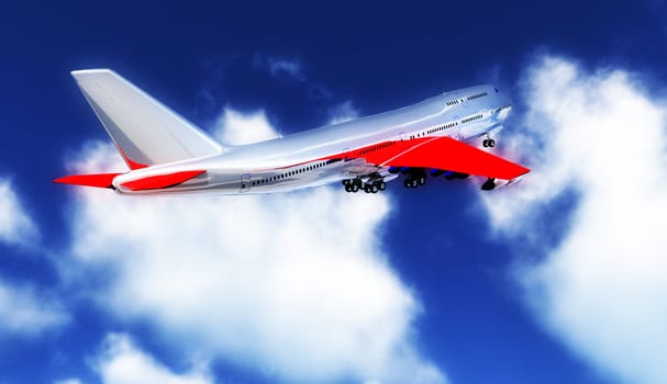 A passenger plane flying high in the sky.