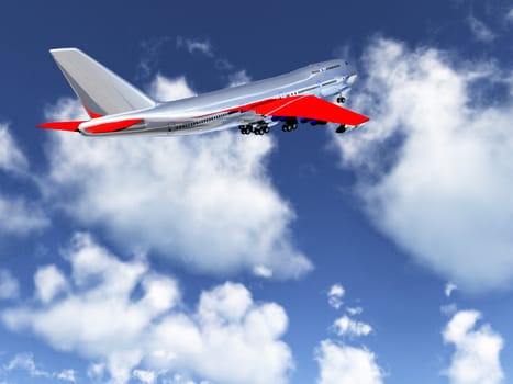 A passenger plane flying high in the sky.
