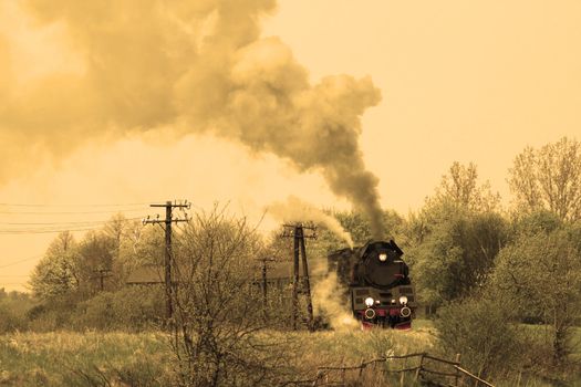 Steam retro train passing through countryside
