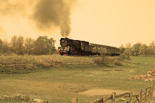 Steam retro train passing through countryside
