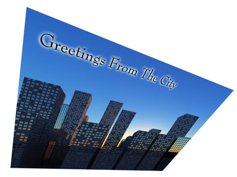 A postcard with a modern cityscape.