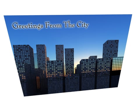 A postcard with a modern cityscape.