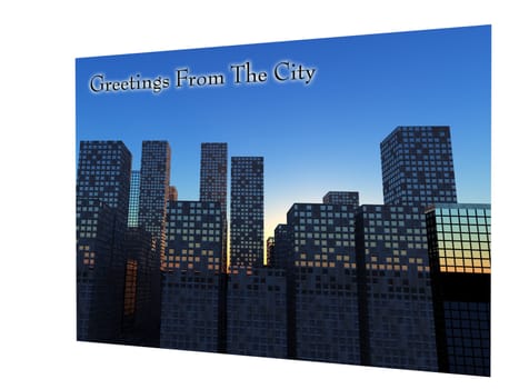 A postcard with a modern cityscape.