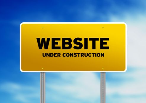 Yellow Website Under Construction highway sign on Cloud Background. 
