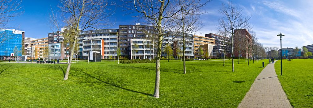 modern residential area of Amsterdam. Park with green grass and trees on the background of modern arhitecture. XXL size. Panorama