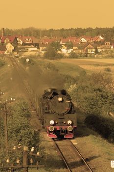 Steam retro train passing the village
