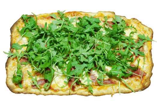 homemade pizza with 3 cheeses with prosciutto and arugula (isolated)