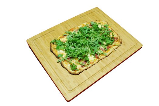 homemade pizza with 3 cheeses with prosciutto and arugula (over white) on wooden board